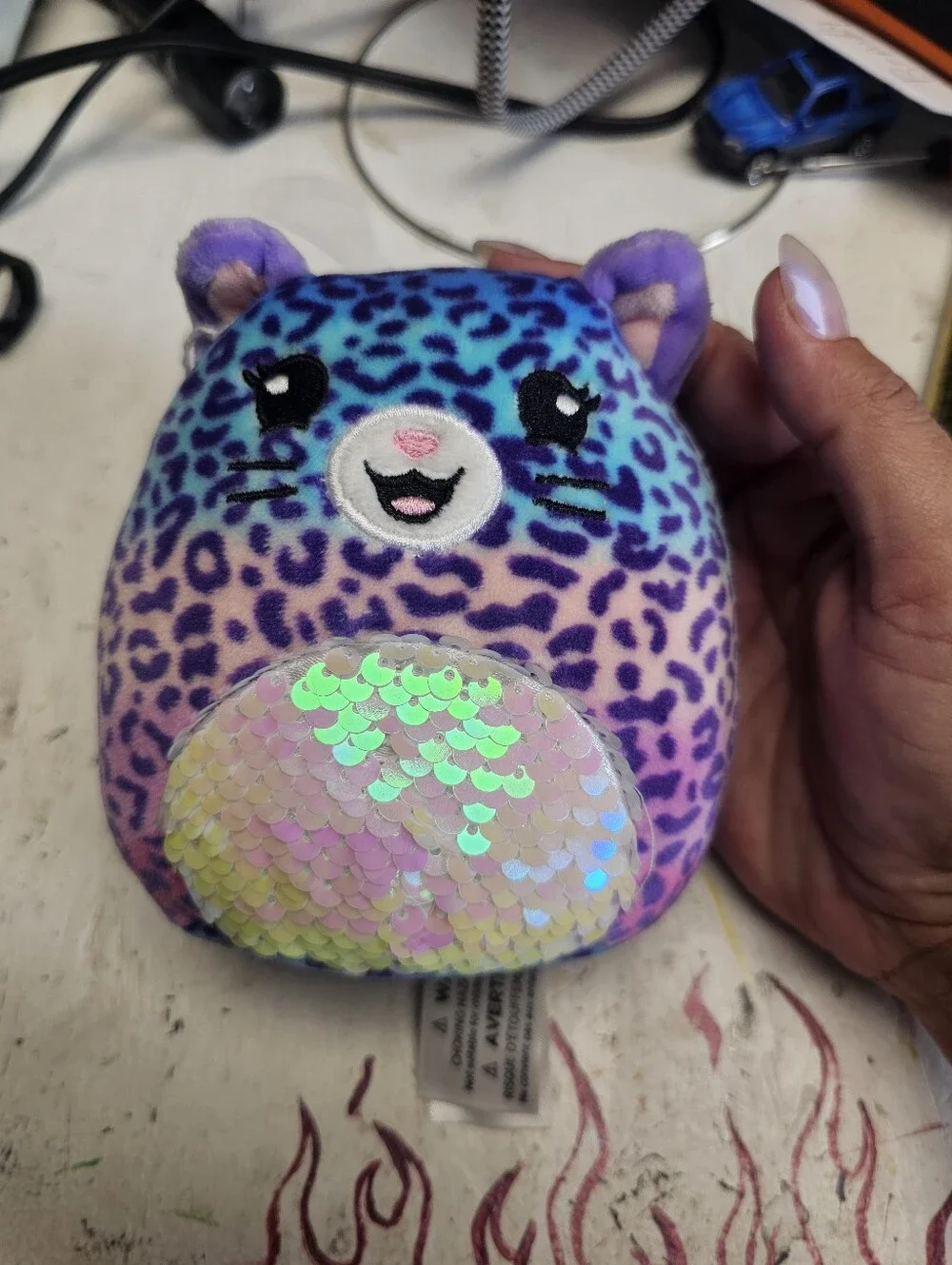 Colorful Leopard-Print Plush Cat with Iridescent Sequin Belly Squishmallow
